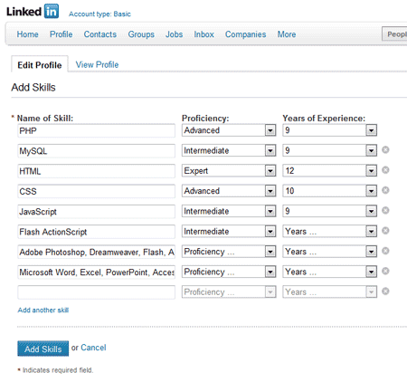 LinkedIn - Form to Edit Skills Section