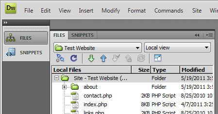 Dreamweaver Screenshot - View After Clicking the Files Icon