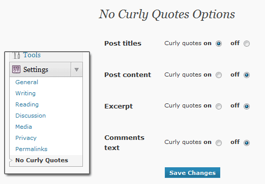 WordPress - Options for the No Curly Quotes Plugin