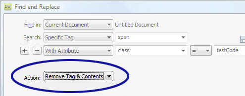 Dreamweaver screenshot showing the Remove Tag & Contents option