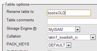 phpMyAdmin screenshot showing the option for renaming tables